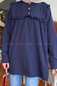 Omuz ve Göğüs Kısmı Fırfırlı Yarım Düğmeli Şık Tunik Lacivert