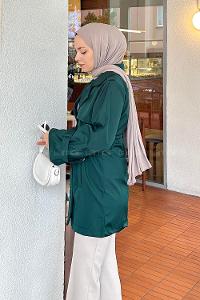 Lamelif Bel Lastikli Trenç Zümrüt