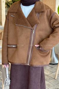 Lamelif Fermuarlı İçi Peluş Detaylı Süet Mont Taba