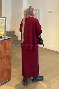 Lamelif Kristal Etekli Tesettür Takım Bordo