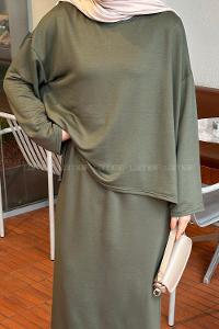 Lamelif Kristal Etekli Tesettür Takım Koyu Yeşil