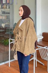 Lamelif Bağlamalı Kaşe Mont Camel