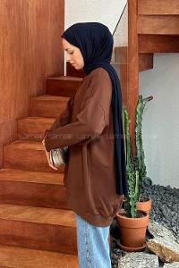 Lamelif Etiket Detaylı Oversize Sweatshirt Acı Kahve