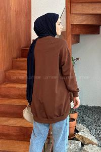 Lamelif Etiket Detaylı Oversize Sweatshirt Acı Kahve