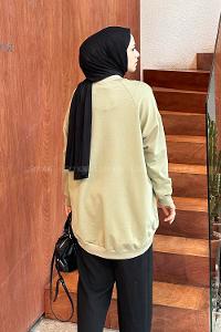 Lamelif Etiket Detaylı Oversize Sweatshirt Kına Yeşili