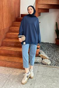 Lamelif Etiket Detaylı Oversize Sweatshirt Lacivert
