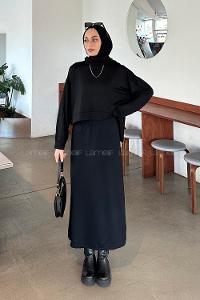 Black Crew Neck Long Arm Poplin Fabric Straight Skirt Suit