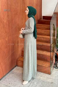 Lamelif Kuşak Bağlama Kıraşlı Tesettür Elbise Kına Yeşili