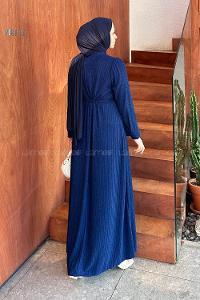 Lamelif Kuşak Bağlama Kıraşlı Tesettür Elbise Lacivert