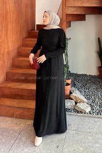 Lamelif Kuşak Bağlama Kıraşlı Tesettür Elbise Siyah