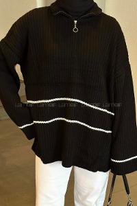 Lamelif Fermuarlı Çizgili Tunik Siyah