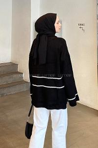 Lamelif Fermuarlı Çizgili Tunik Siyah