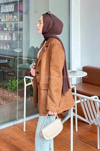 Lamelif Kapak Cep Suet Blazer Ceket Kahverengi