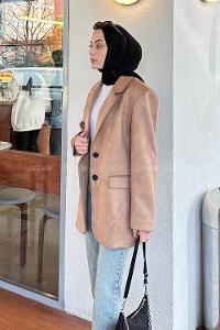Lamelif Kapak Cep Suet Blazer Ceket Soft Kahve