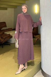 Lamelif Kol İp ve Arma Detaylı Krinkıl Etek Tesettür Takım Gül