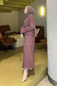 Lamelif Kol İp ve Arma Detaylı Krinkıl Etek Tesettür Takım Gül