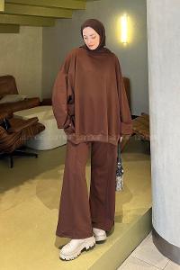 Lamelif Oversize Sweatshirt İkili Tesettür Takım Acı Kahve