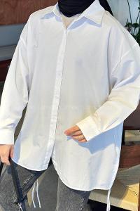 Lamelif Yanları İp Büzgülü Oversize Gömlek Beyaz