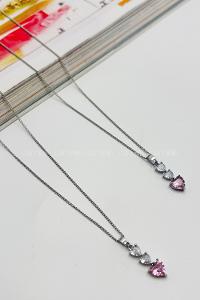 Lamelif Gümüş Kristal Pembe Taşlı Zirkon Üç Kalp Kolye