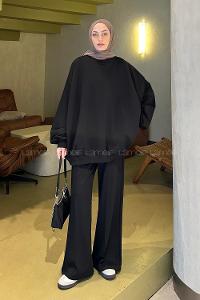 Lamelif Oversize Sweatshirt İkili Tesettür Takım Siyah