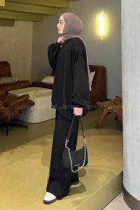 Lamelif Oversize Sweatshirt İkili Tesettür Takım Siyah