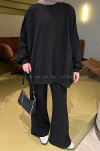 Lamelif Oversize Sweatshirt İkili Tesettür Takım Siyah