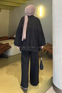 Lamelif Oversize Sweatshirt İkili Tesettür Takım Siyah