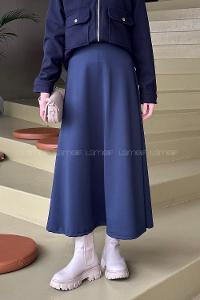 Lamelif Scuba Kumaş Kloş Etek Lacivert