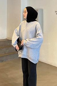Lamelif Jasmin Bisiklet Yaka Oversize Sweat Gri