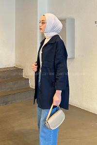 Lamelif Kapaklı İki Cepli Tahta Düğmeli Gömlek Lacivert