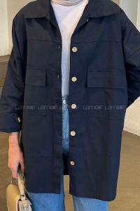 Lamelif Kapaklı İki Cepli Tahta Düğmeli Gömlek Lacivert