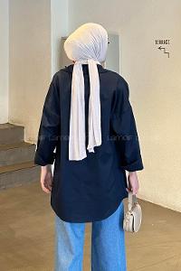 Lamelif Kapaklı İki Cepli Tahta Düğmeli Gömlek Lacivert