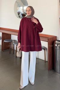 Claret Red Shirt Collar Long Arm Cotton Shirt