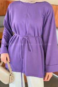 Lamelif Yırtmaç Detaylı Sweat Mor