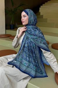 Lamelif Retro Desen Soft Şal Lacivert Yeşil