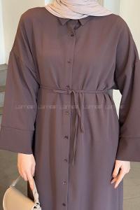 Lamelif Takma Manşet Detaylı Dabıl Tesettür Elbise Acı Kahve