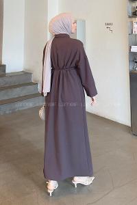 Lamelif Takma Manşet Detaylı Dabıl Tesettür Elbise Acı Kahve