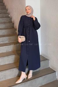 Lamelif Takma Manşet Detaylı Dabıl Tesettür Elbise Lacivert