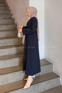 Lamelif Takma Manşet Detaylı Dabıl Tesettür Elbise Lacivert