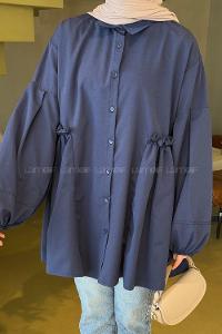 Navy Blue Shirt Collar Linen Tunic