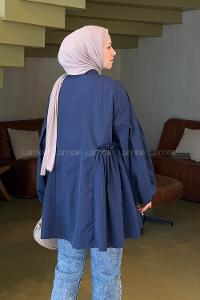 Navy Blue Shirt Collar Linen Tunic