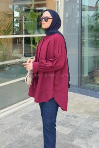 Claret Red Mandarin Collar Cotton Unprinted Tunic