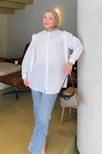 Lamelif Omuz Vatka Detaylı Tesettür Gömlek Beyaz