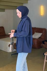 Lamelif Omuz Vatka Detaylı Tesettür Gömlek Lacivert