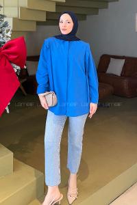 Lamelif Omuz Vatka Detaylı Tesettür Gömlek Saks Mavisi