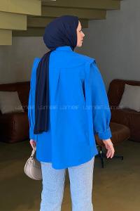 Lamelif Omuz Vatka Detaylı Tesettür Gömlek Saks Mavisi