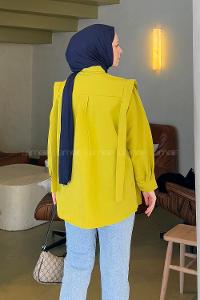 Lamelif Omuz Vatka Detaylı Tesettür Gömlek Yağ Yeşili