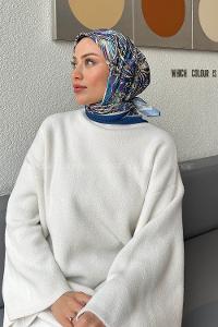 Lamelif Retro Desen kokulu Prime Soft Eşarp Gece Mavisi Sarı