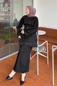 Lamelif Yaka Pensli Tunik Pantolon Takım Siyah