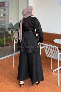 Lamelif Yaka Pensli Tunik Pantolon Takım Siyah